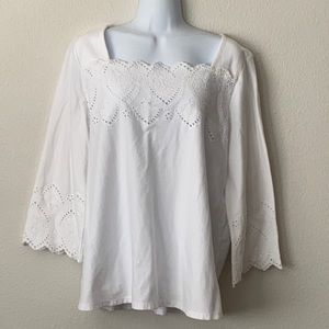 J Jill White Eyelet Tee W/Square Neckline Sz M